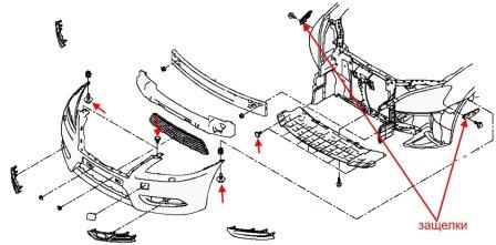 the scheme of fastening of the front bumper Nissan Sentra B17 (after 2014)